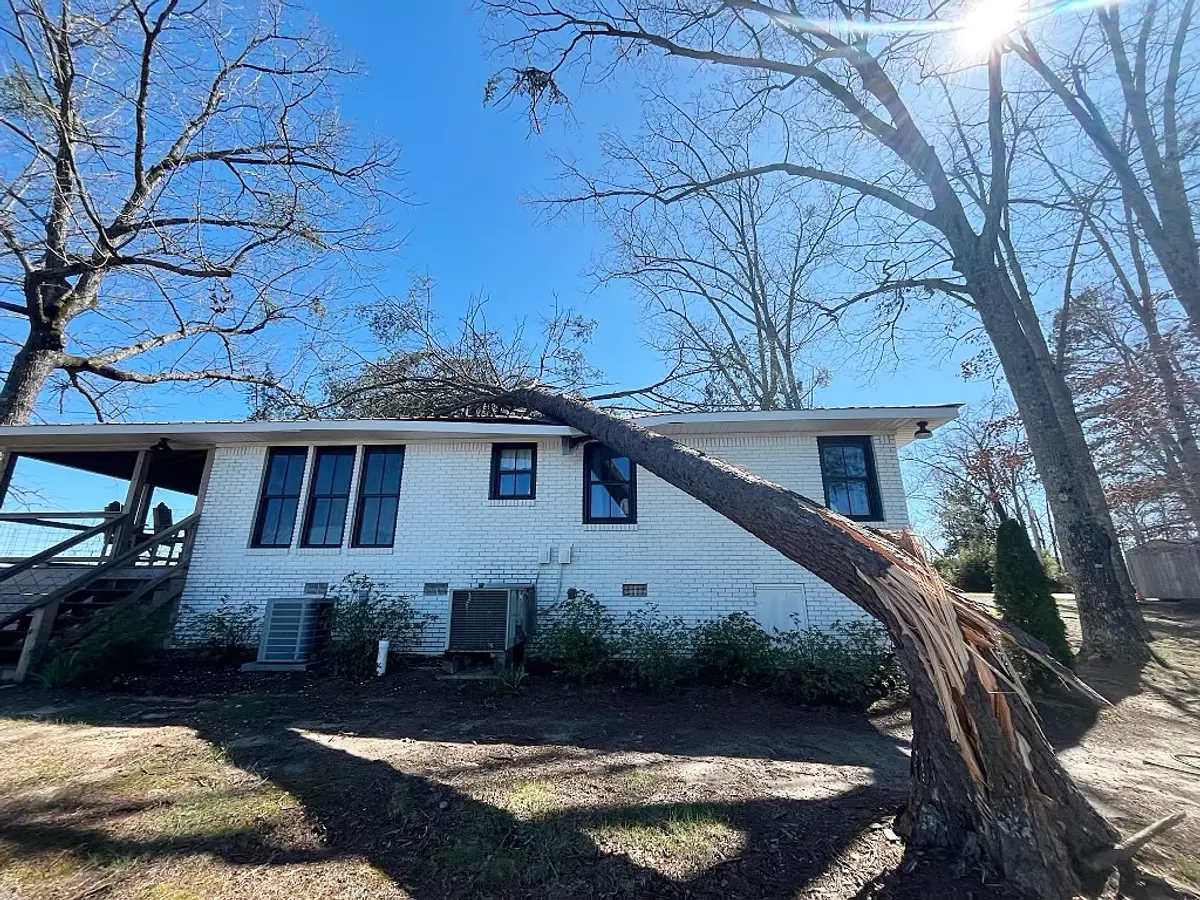 Storm-damaged tree fallen onto a residential rooftop in Central Alabama